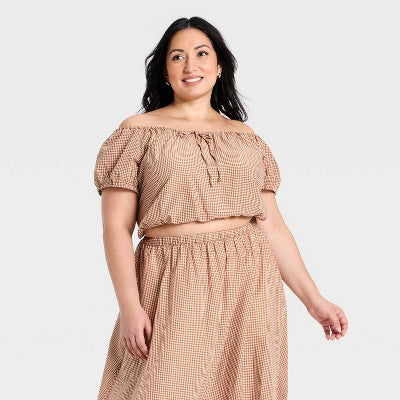 Women's Short Puff Sleeve Tie Top - A New Day Brown Gingham XXL