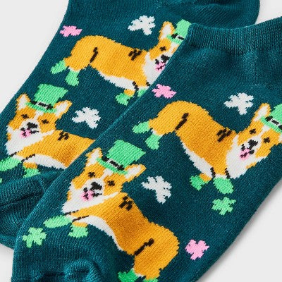 Women's Corgi Leprechaun St. Patrick's Day Low Cut Socks - Green 4-10: Recycled Polyester Knit, Banded Cuff