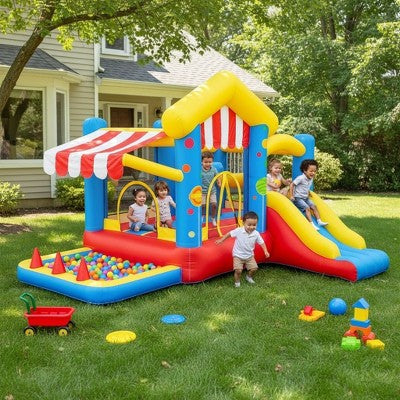 BATHWA Bounce House with Slide, Inflatable Bouncy Castle with Blower, Basketball Hoop, Ball Pit & Canopy, Obstacle Trampoline for Indoor/Outdoor (LOCAL PICKUP ONLY)