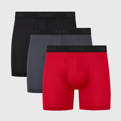 Hanes Originals Premium Men's Super Stretch Boxer Briefs 3pk - Gray/Red/Black M: Tagless, Moisture Wicking, Quick Dry