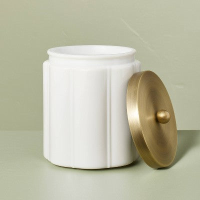Large Milk Glass Bath Canister with Metal Lid Brass Finish - Hearth & Hand with Magnolia: Farmhouse Style Storage Container for Bathroom