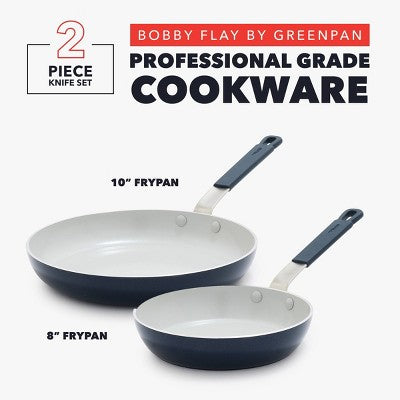 Bobby Flay 2pk (8" and 10") Ceramic Nonstick Aluminum Fry Pan Set Oxford Blue: Lifetime Warranty, Dishwasher-Safe Cookware