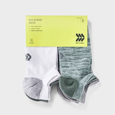 Kids' 6pk No Show Socks - All In Motion Green/Gray M