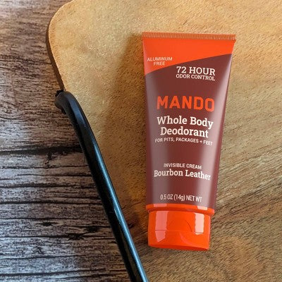 Mando Whole Body Deodorant - Men's Aluminum-Free Invisible Cream Deodorant - Bourbon Leather - Trial Size - 0.5oz