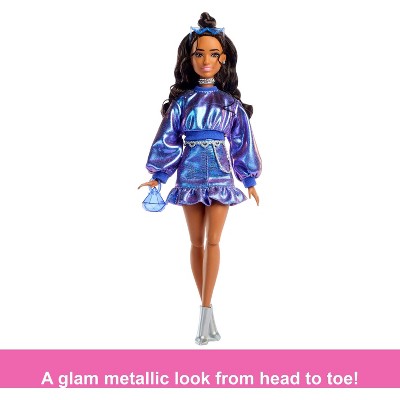 Barbie Deluxe Style Fashion Doll #7 in Metallic Blue Top and Skirt with Accessories, Brunette