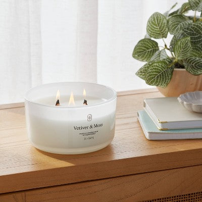 3-Wick Milky Glass Wooden Wick Vetiver and Moss Jar Candle 20oz - Threshold