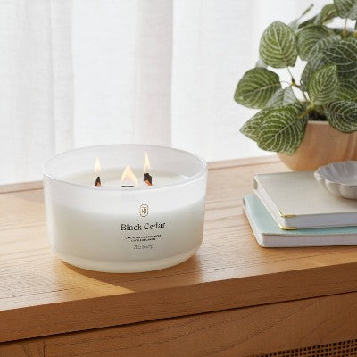 3-Wick Milky Glass Wooden Wick Black Cedar Jar Candle 20oz - Threshold