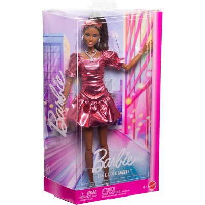Barbie Deluxe Style Fashion Doll #6 in Metallic Coral Dress with Bubble Hem and Silvery Accessories