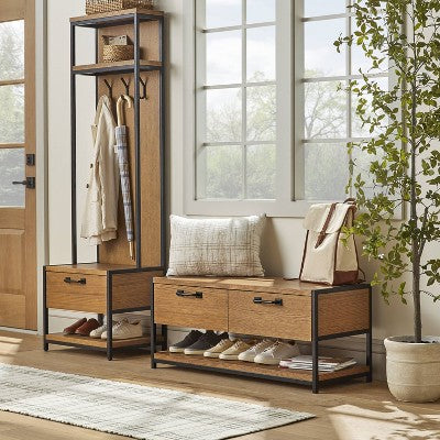 Modular Entryway Storage Bench with Shelving - Aged Oak - Hearth & Hand with Magnolia: Iron Frame, Farmhouse Style, CARB Certified (LOCAL PICKUP ONLY)
