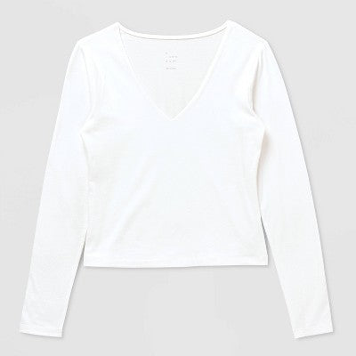 Women's Sculpt Long Sleeve V-Neck Top - A New Day White M