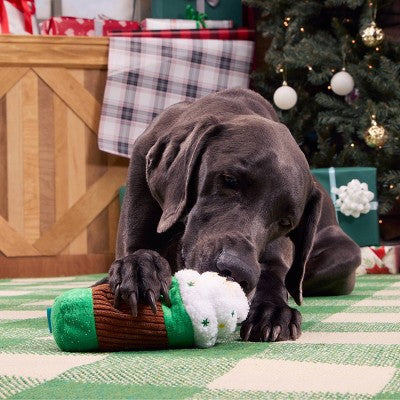 BARK Holiday Santa's Workchomp Jitter All the Way Latte Dog Plush Toy