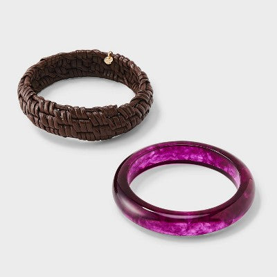 Woven Rattan and Marbleized Bangle Bracelet Set 2ct - A New Day Brown/Purple