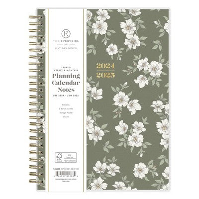 The Everygirl X Day Designer 2024-25 Weekly/Monthly Planner with Notes 8.625"x5.875" Wirebound Frosted PP Floral Olive: Student Day Planner