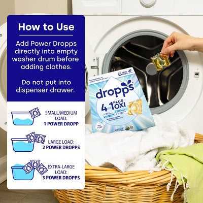 Dropps Laundry 4-in-1 Plus Oxi Power Biobased Detergent Pods - Free + Clear - 38ct
