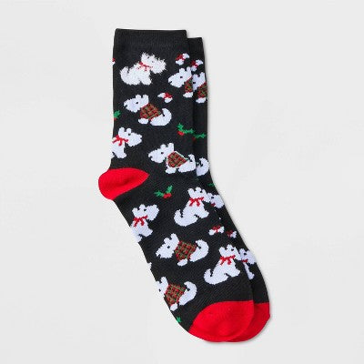 Women's Scottie Dogs Christmas Crew Socks - Wondershop Black/Red 4-10