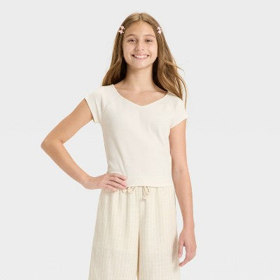 Girls' Short Sleeve V-Neck Ribbed T-Shirt - art class Cream L