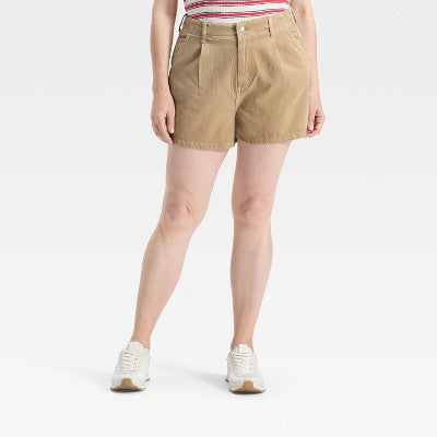 Women's High-Rise Pleated Jean Shorts - Universal Thread Khaki 8