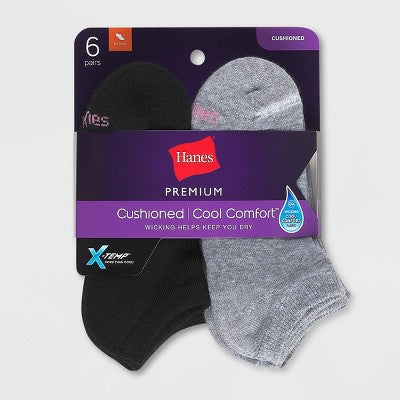 Hanes Premium Women's Cushioned 6pk No Show Socks - Black 5-9