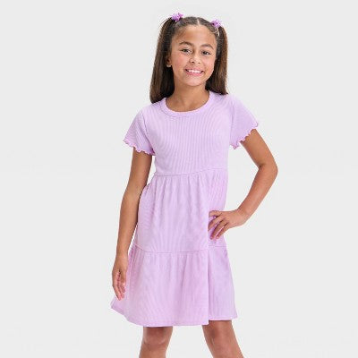 Girls' Short Sleeve Tiered Ribbed Dress - Cat & Jack XS