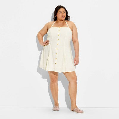 Women's Button-Front Halter Mini A-Line Dress - Cream XXL