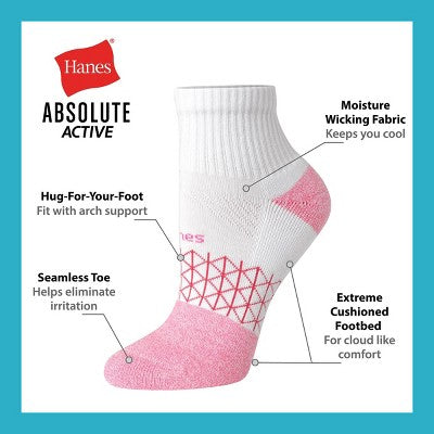 Hanes Women's 4pk Absolute Active Ankle Socks - White/Black 5-9: Seamless Toe, Midweight Knit