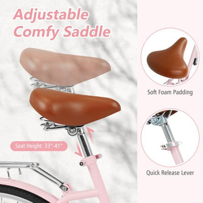 Costway 26-Inch Beach Cruiser Bike,with Adjustable Seat, Woven Basket & Rear Rack, Pink (LOCAL PICKUP ONLY)