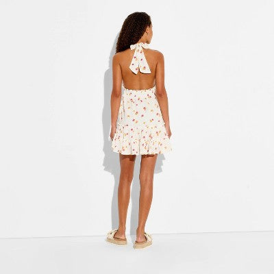 Womens Gauze Halter Mini Babydoll Dress Wild Fable Cream Floral S