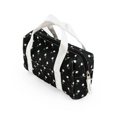 Yoobi Single Zip Corduroy Pencil Pouch with Handles - Black Mini Tulips, School Supplies
