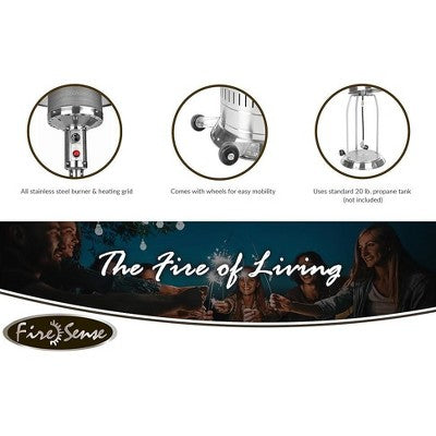 Fire Sense Performance Series Patio Heater With Wheels 50,000 BTU Output Electronic Ignition System Portable Outdoor Propane Heater - Stainless Steel (LOCAL PICKUP ONLY)