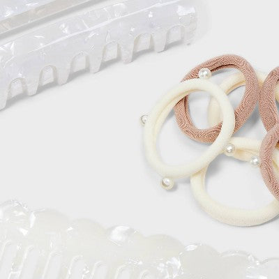 Women's Comb, Hair Ties and Claw Hair Clip Set 8pc - A New Day Ivory