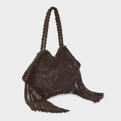 Hand Crafted Cotton Macrame Fringe Tote Bag - Universal Thread Brown