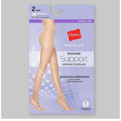 Hanes 2pk Graduated Sheer Compression Tights - Nude M: Nylon & Spandex Hosiery, High Waisted, Sheer Toe, Control Top