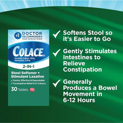 Colace 2-in-1 Stool Softener and Stimulant Laxative Tablets for Gentle Constipation Relief, Docusate and Senna, 30 Count