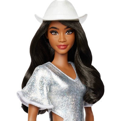 Barbie Fashionistas Doll #239 in Sparkly Silver Dress with Cowboy Hat and Boots, Black Hair