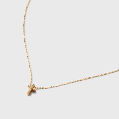 Silver Plated Gold Dipped Micro Pave Cubic Zirconia Cross Pendant Necklace - Gold