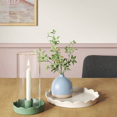 Scalloped Ceramic and Glass Hurricane Taper Candle Holder Green - Room Essentials