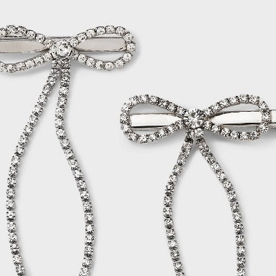 Girls' 2pk Rhinestone Chain Bow Clip Set - art class Silver