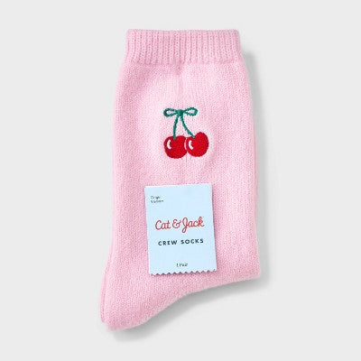 Girls' Embroidered Cherry Sweater Crew Socks - Cat & Jack Pink M