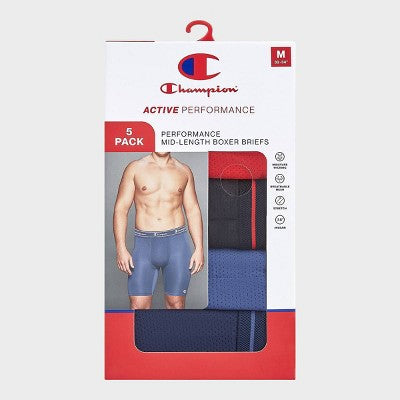 Champion Men's Active Performance 5pk Breathable Mid-Leg Boxer Briefs - Black/Red/Gray/Blue XL