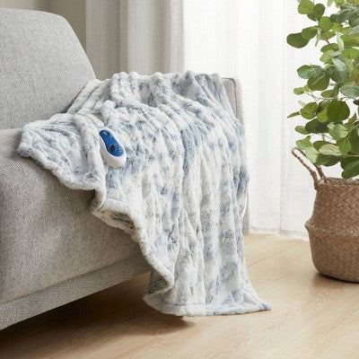Beautyrest Marselle 50"x70" Oversized Faux Fur Electric Heated Throw Blanket Gray/Blue: Oversized, Machine Washable