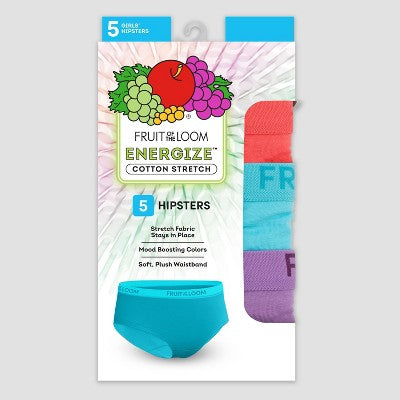 Fruit of the Loom Girls' 5pk Hipster Underwear - 10: Cotton Spandex Blend, Tagless, Flat Seams, Mid Rise