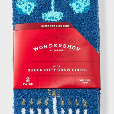 Kids' 2pk Hanukkah Menorah Cozy Crew Socks with Gift Card Holder - Wondershop Navy Blue M/L