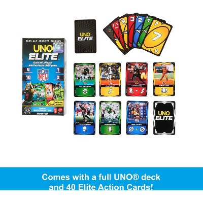 UNO Elite NFL Card Game 2025 Alt Jerseys Edition Starter Pack with 4 Booster Packs & 2 Promo Cards