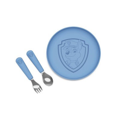 Lalo PAW Patrol 3pc Silicone Plate + Utensils Set - Chase: Solid Pattern, Service For 1, Silicone, Stainless Steel