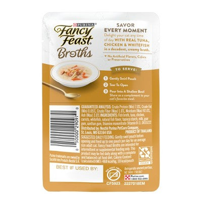 Purina Fancy Feast Broths Lickable Creamy Gourmet Wet Cat Food Complement with Tuna, Chicken & White Fish In Creamy Broth - 1.4oz