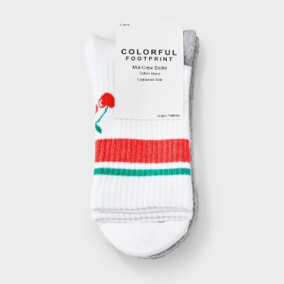 Women's Cherries Cushioned Ribbed 2pk Mid Crew Socks - White/Heather Gray/Coral 4-10
