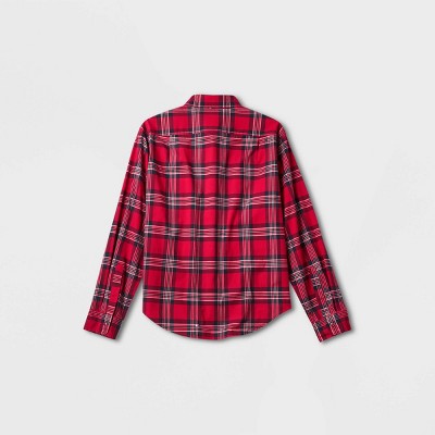 Men's Long Sleeve Adaptive Button: Berry Red/Plaid XL