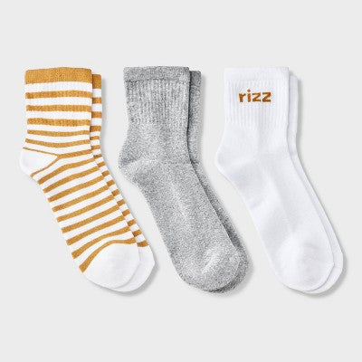 Women's "Rizz" Cushioned Striped 3pk Mid Crew Socks - Universal Thread White/Gold/Heather Gray 4-10: Cotton Blend, Knit