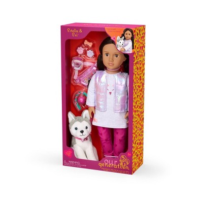 Our Generation Estella and Evi 18" Doll and Pet Puppy Set: Brown Eyes, Wavy Hair, Plastic & Polyester Materials