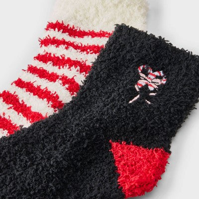 Women's Embroidered Candy Canes Christmas 2pk Cozy Ankle Socks - Black/Ivory/Red 4-10